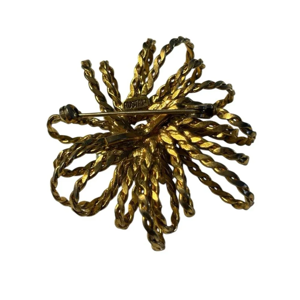 Austria 3D Rope Brooch Pin Starburst Fireworks‎ Atomic Rhinestone Faux Pearl VTG